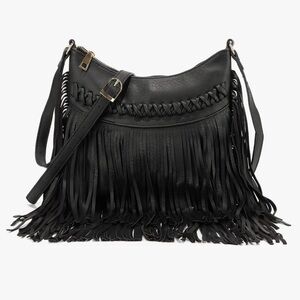 New Oweisong Black 10.2” x 7.9” Hobo Bohemian Crossbody/ Shoulder Bag w/ Fringe